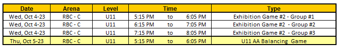 U11 schedule
