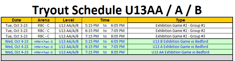 U13 Schedule Oct 2